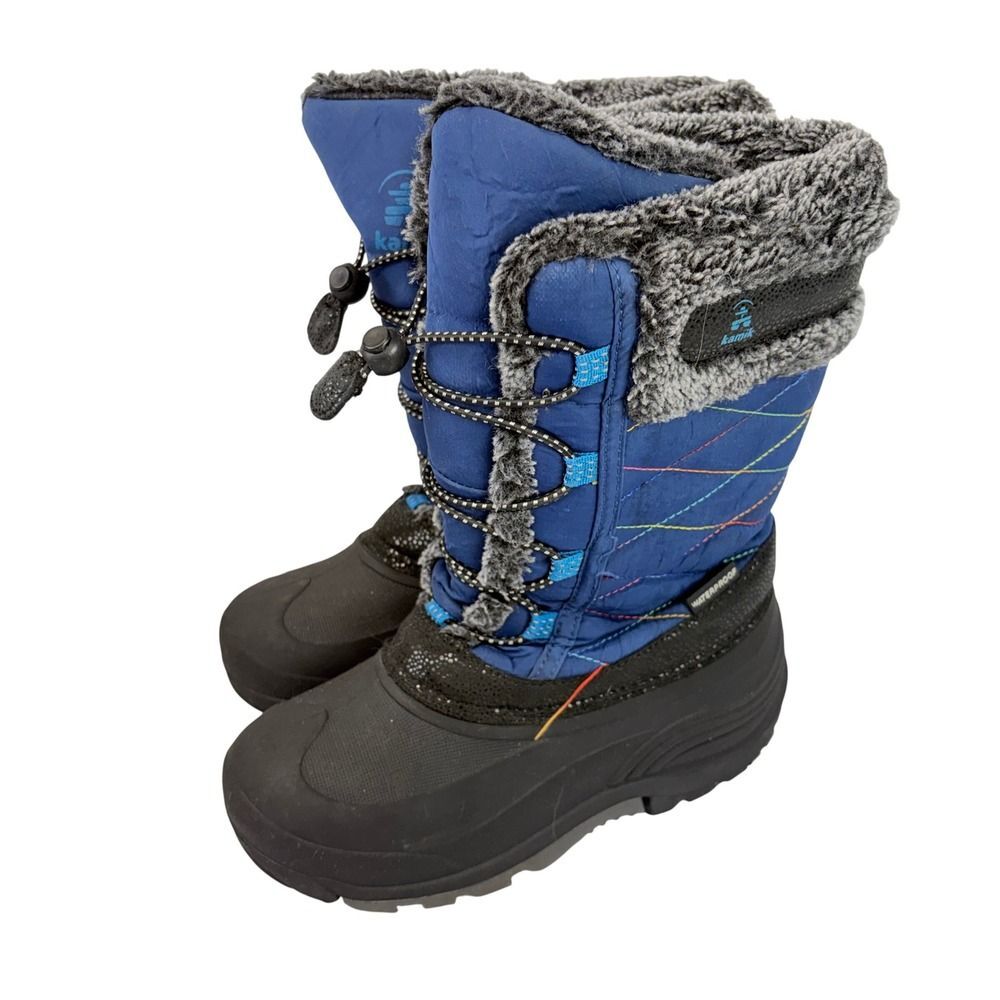 Kamik Snow Boots Kids Size 3 Blue Waterproof Faux Fur Rainbow Stitching